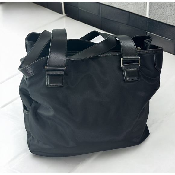 Tumi Leather Trim Nylon Tote Travel Shoulder Bag Black Open Top Zip Pocket - Picture 16 of 16